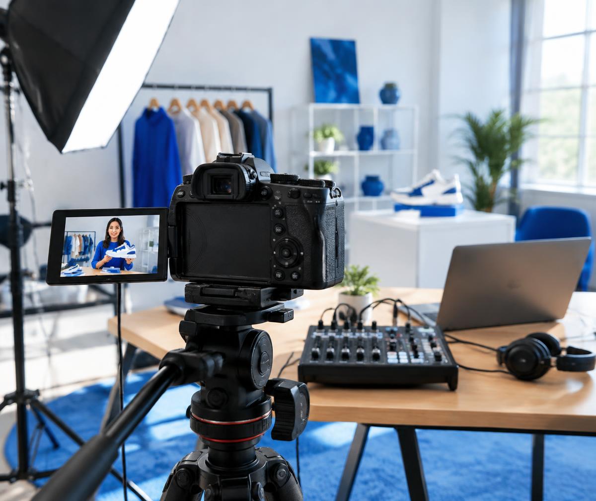 Professional camera, lighting and audio setup in a live selling studio
